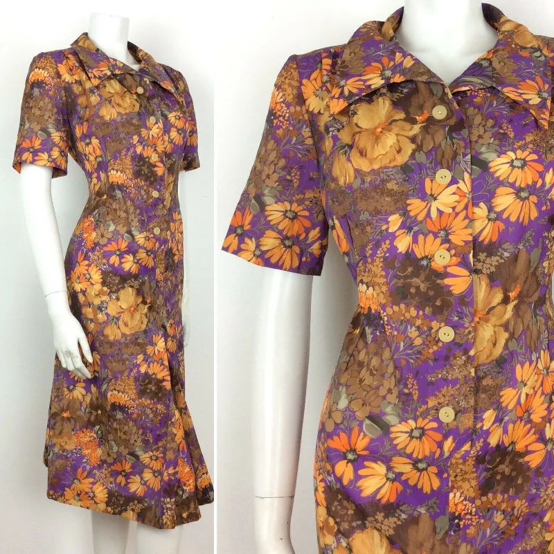 60S 70S VINTAGE BROWN PURPLE ORANGE FLORAL ABSTRACT SHIRT DRESS 14 16