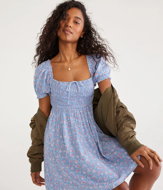 Aeropostale Floral Square-Neck Smocked Mini Dress