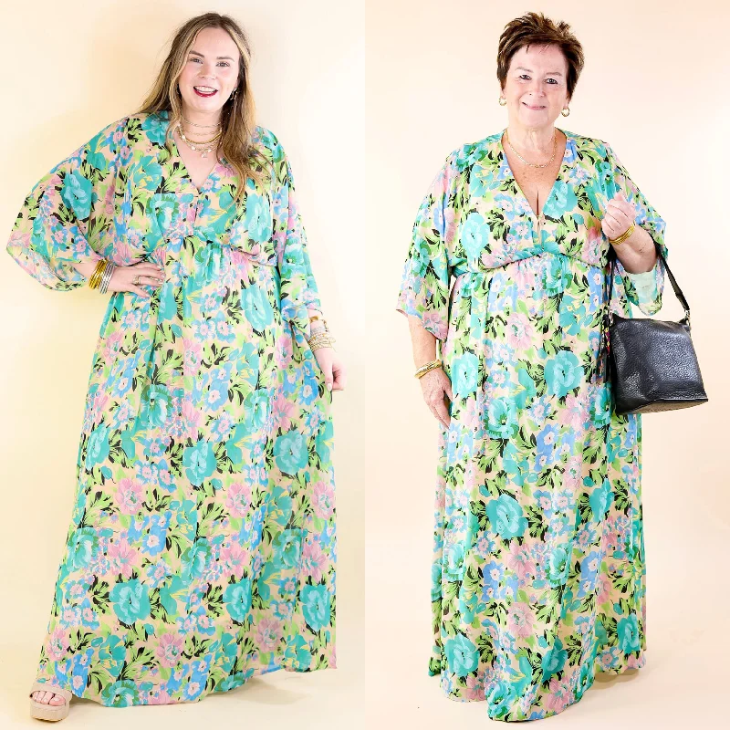 Beautifully Botanical V Neck Floral Print Maxi Dress in Blue and Green Mix