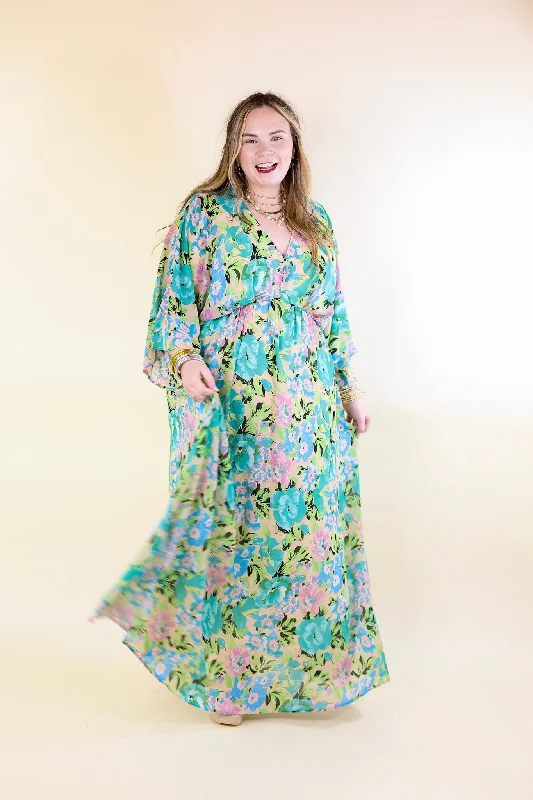 Beautifully Botanical V Neck Floral Print Maxi Dress in Blue and Green Mix