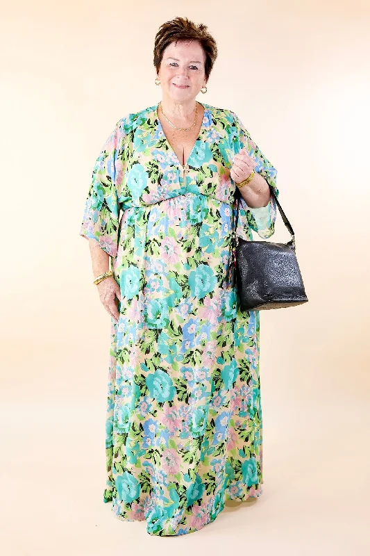 Beautifully Botanical V Neck Floral Print Maxi Dress in Blue and Green Mix