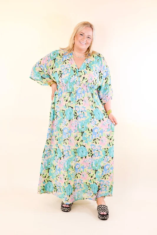 Beautifully Botanical V Neck Floral Print Maxi Dress in Blue and Green Mix