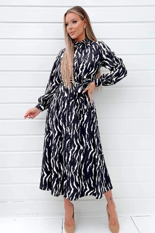 Black And White Printed Button Up Midi Shirt Dress