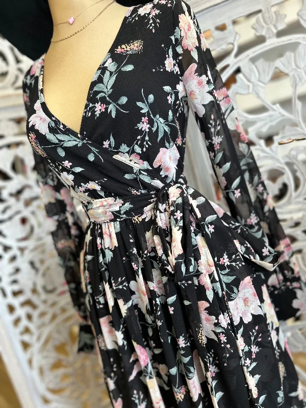 Black Floral Wrapped Maxi Dress- Slightly Stretchy