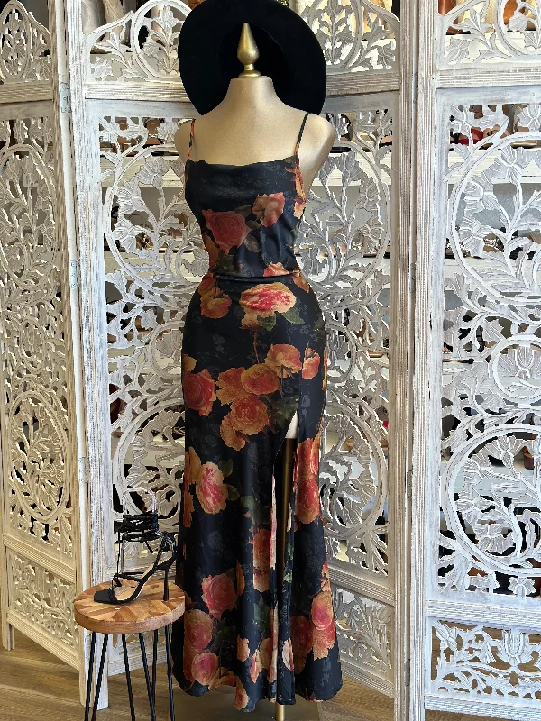 Black Floral Backless Maxi Dress- Not Stretchy