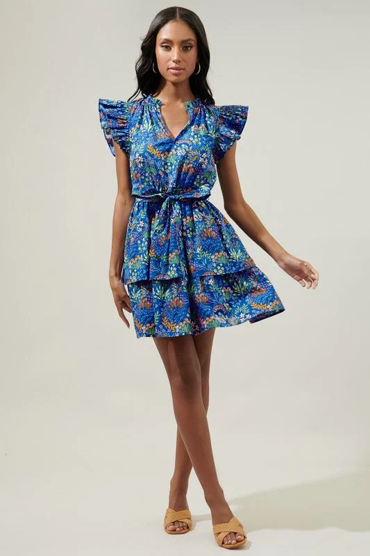 Blue Floral Tiered Ruffle Mini Dress