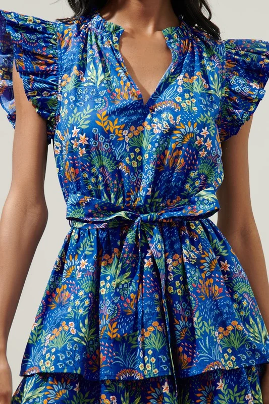 Blue Floral Tiered Ruffle Mini Dress