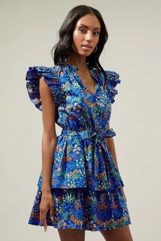 Blue Floral Tiered Ruffle Mini Dress