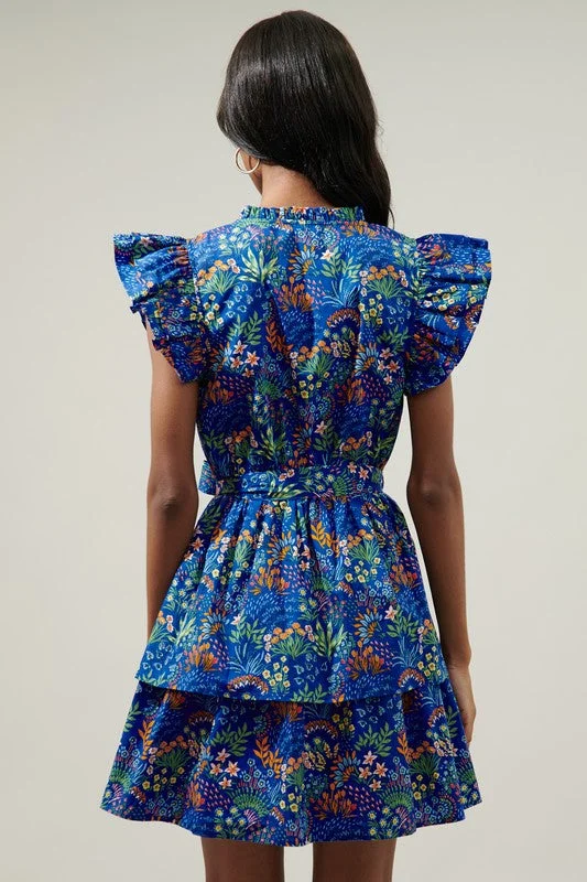 Blue Floral Tiered Ruffle Mini Dress