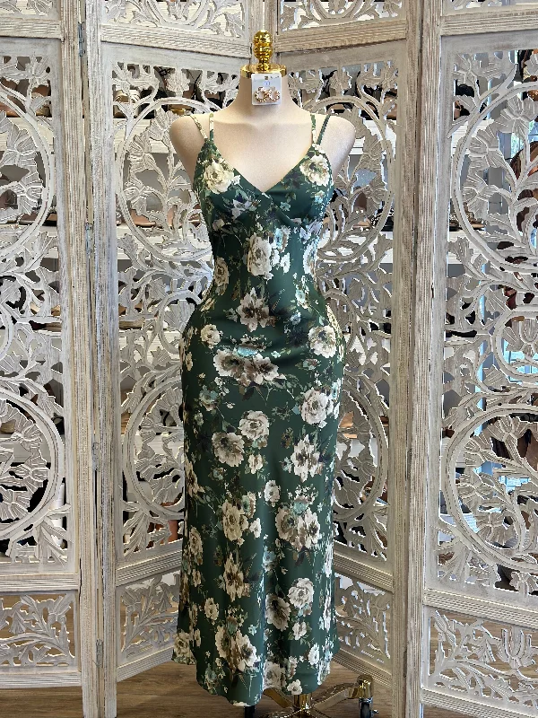 Dark Green Floral Satin Maxi Dress- No Estira, Not Stretchy