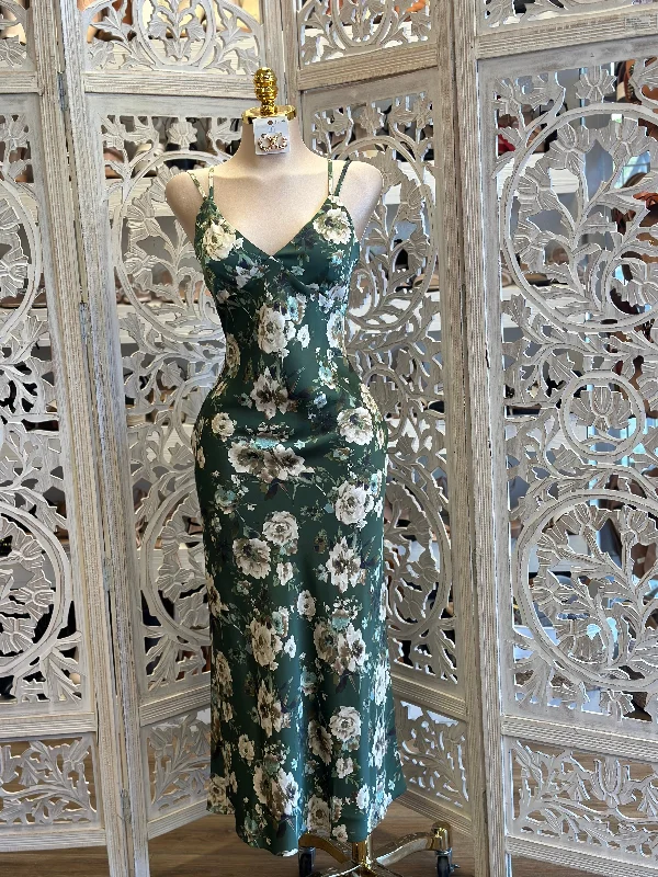 Dark Green Floral Satin Maxi Dress- No Estira, Not Stretchy