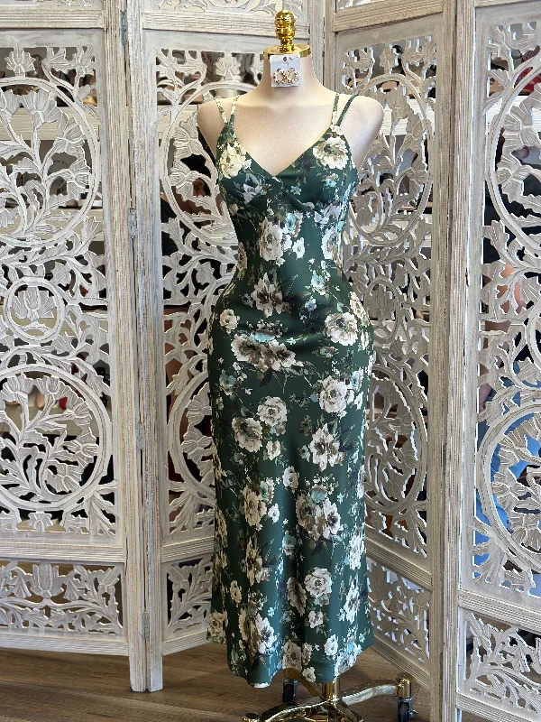 Dark Green Floral Satin Maxi Dress- No Estira, Not Stretchy