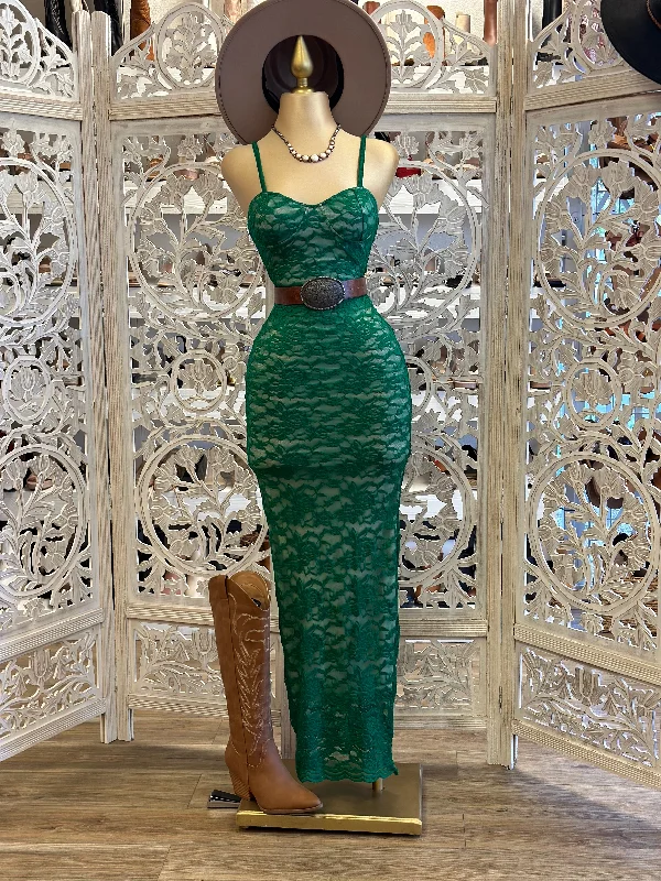 Dark Green Lace Maxi Dress- Stretchy