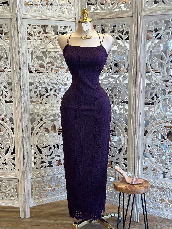 Dark Purple Backless Lace Maxi Dress- Estira, Stretchy