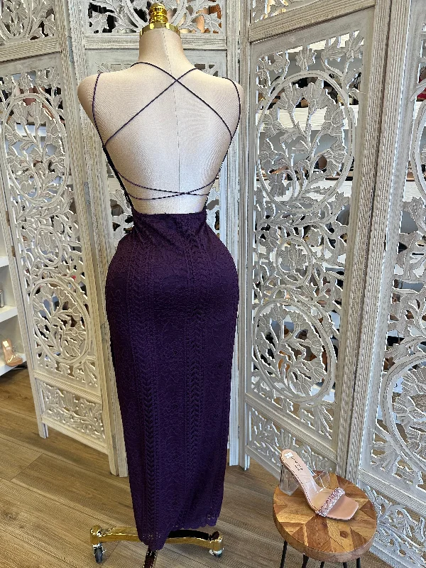 Dark Purple Backless Lace Maxi Dress- Estira, Stretchy