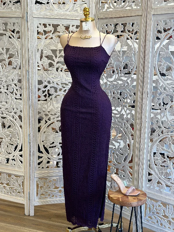 Dark Purple Backless Lace Maxi Dress- Estira, Stretchy