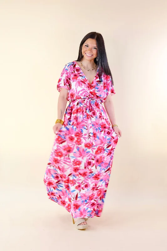 Delightful Dip Floral Maxi Dress with Waist Tie in Pink Mix