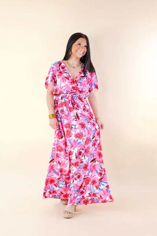 Delightful Dip Floral Maxi Dress with Waist Tie in Pink Mix