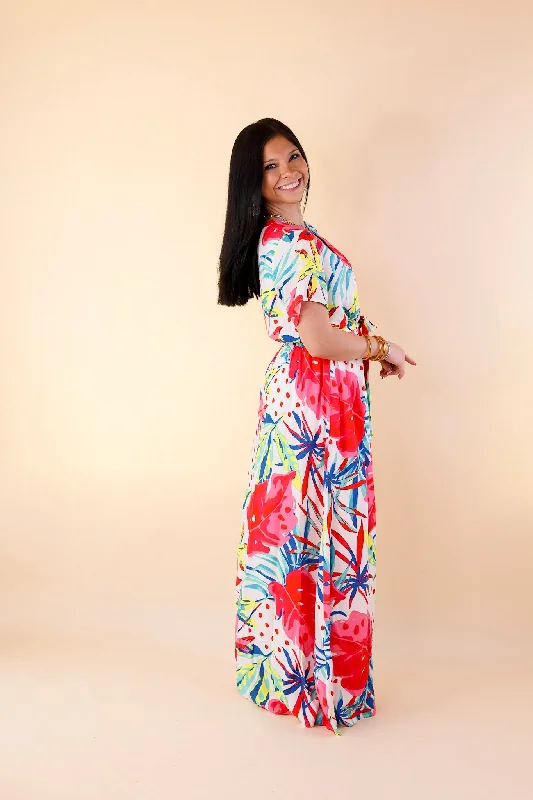 Delightful Dip Tropical Floral Maxi Dress with Waist Tie in White