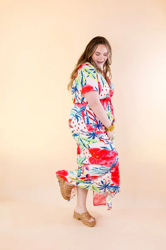 Delightful Dip Tropical Floral Maxi Dress with Waist Tie in White