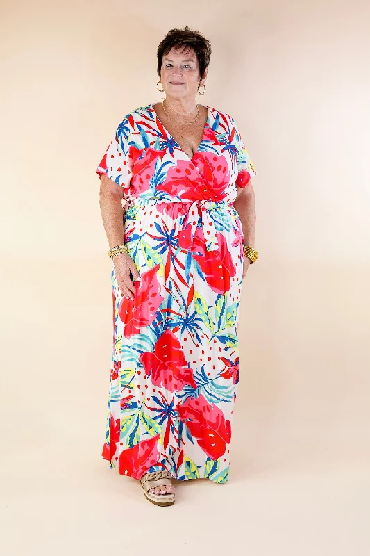 Delightful Dip Tropical Floral Maxi Dress with Waist Tie in White