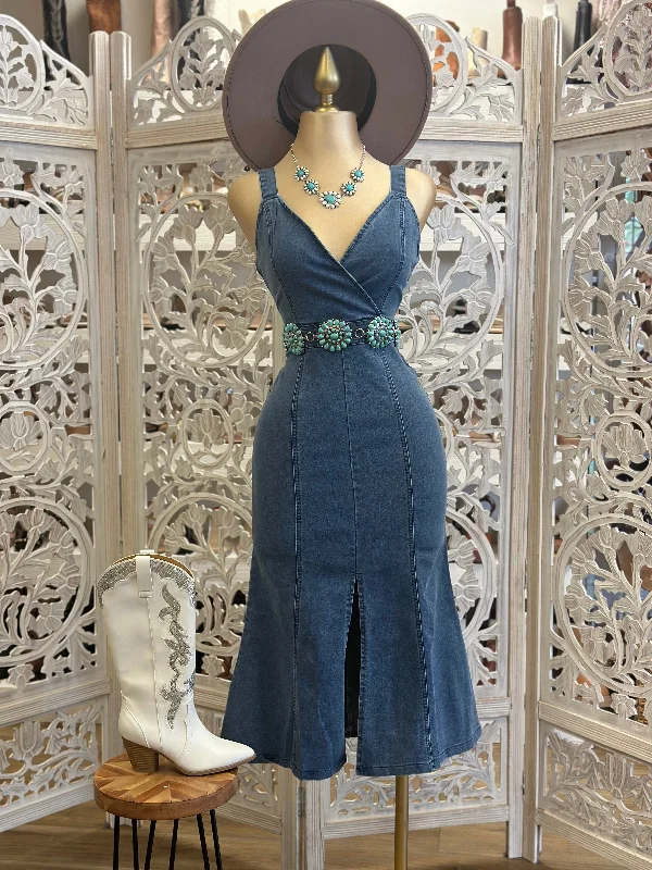 Denim Cross Fromt Midi Dress- Slightly Stretchy