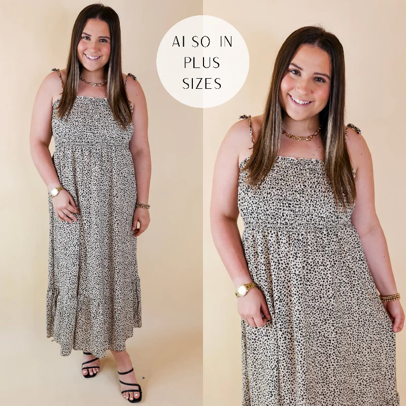 Wild Thoughts Dotted Print Maxi Dress with Spaghetti Straps in Taupe