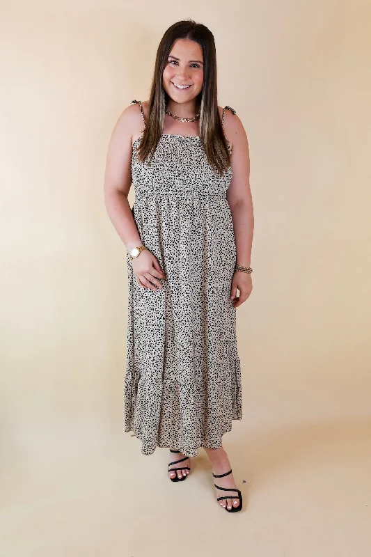 Wild Thoughts Dotted Print Maxi Dress with Spaghetti Straps in Taupe