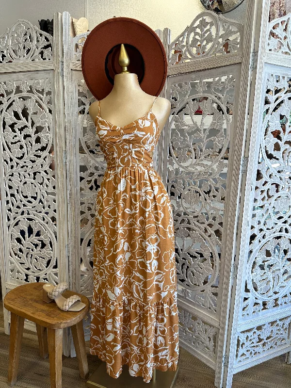 Floral Burnt Orange Maxi Dress- Stretchy, Estira