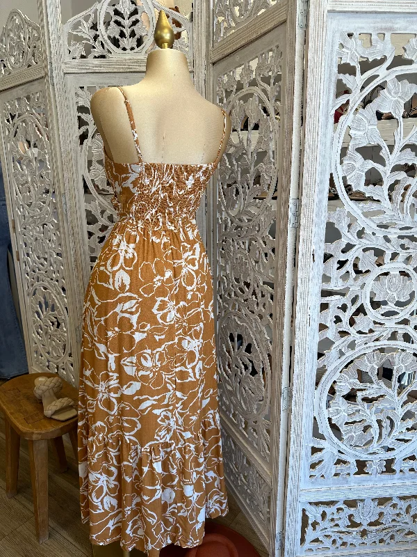 Floral Burnt Orange Maxi Dress- Stretchy, Estira