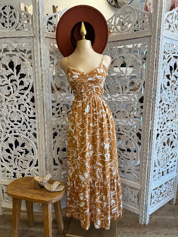 Floral Burnt Orange Maxi Dress- Stretchy, Estira