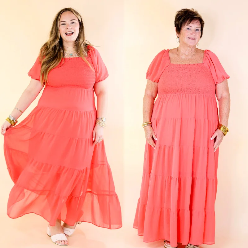 Honeysuckle Love Tiered Maxi Dress with Smocked Bodice in Coral Red