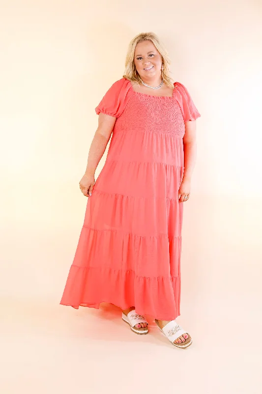 Honeysuckle Love Tiered Maxi Dress with Smocked Bodice in Coral Red