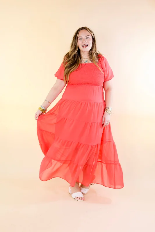 Honeysuckle Love Tiered Maxi Dress with Smocked Bodice in Coral Red