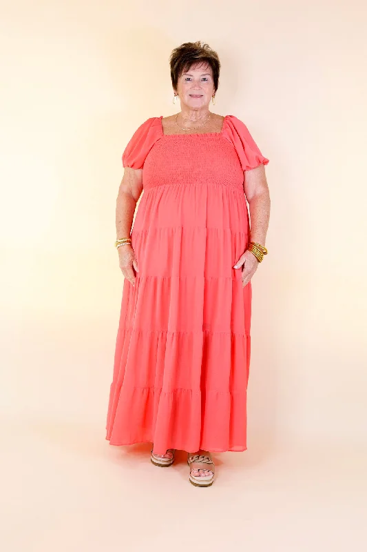 Honeysuckle Love Tiered Maxi Dress with Smocked Bodice in Coral Red