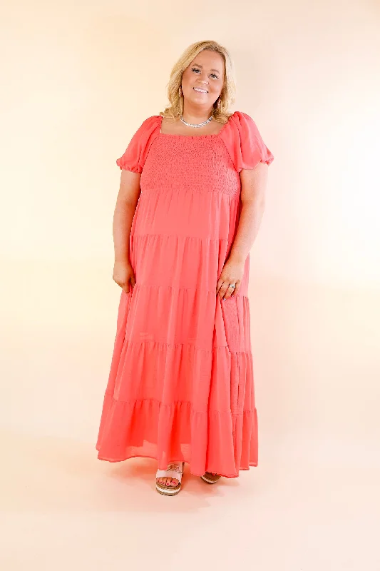 Honeysuckle Love Tiered Maxi Dress with Smocked Bodice in Coral Red