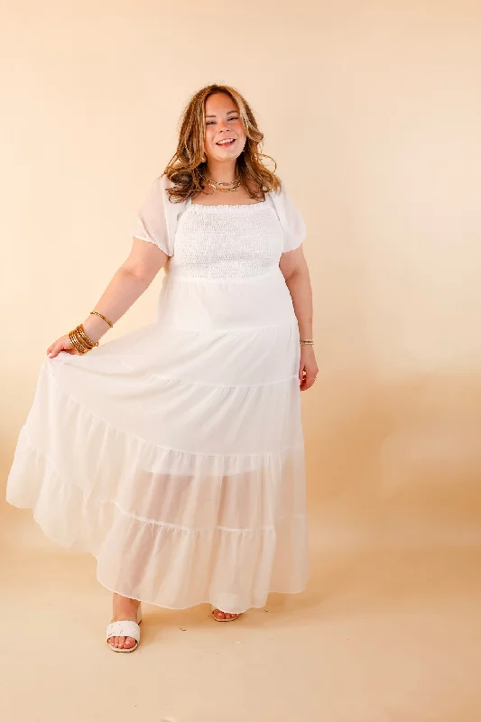 Honeysuckle Love Tiered Maxi Dress with Smocked Bodice in Ivory