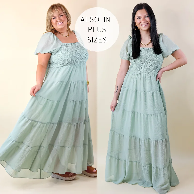 Honeysuckle Love Tiered Maxi Dress with Smocked Bodice in Sage Green