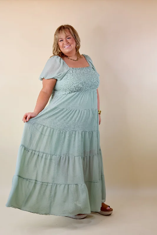 Honeysuckle Love Tiered Maxi Dress with Smocked Bodice in Sage Green