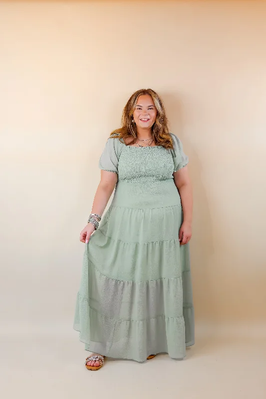 Honeysuckle Love Tiered Maxi Dress with Smocked Bodice in Sage Green