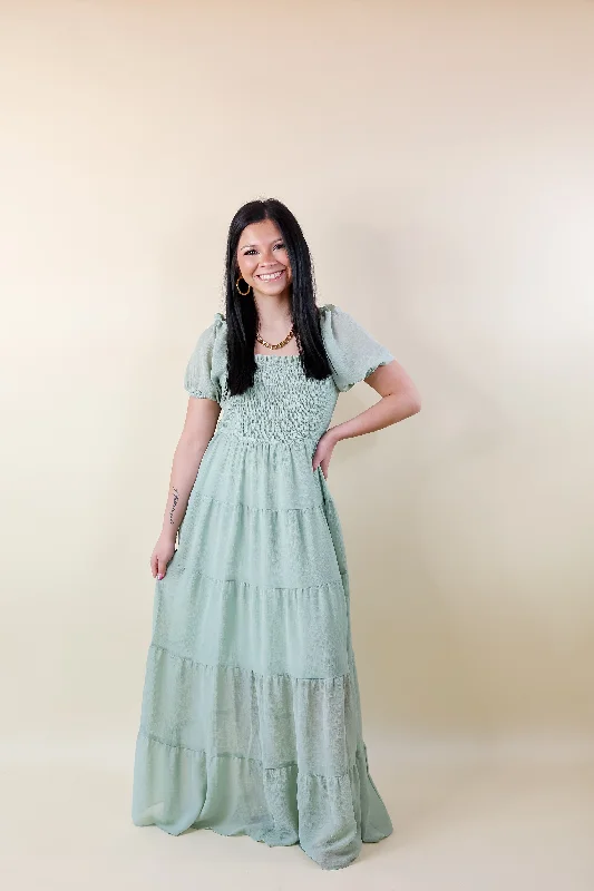 Honeysuckle Love Tiered Maxi Dress with Smocked Bodice in Sage Green