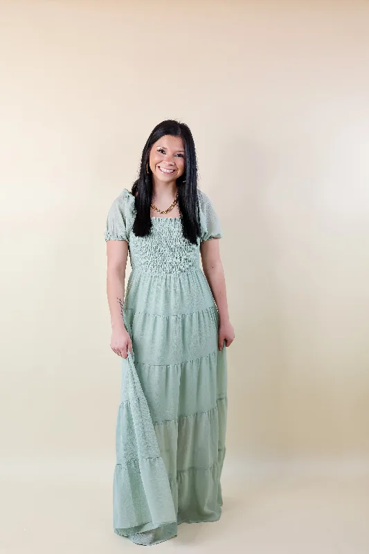 Honeysuckle Love Tiered Maxi Dress with Smocked Bodice in Sage Green