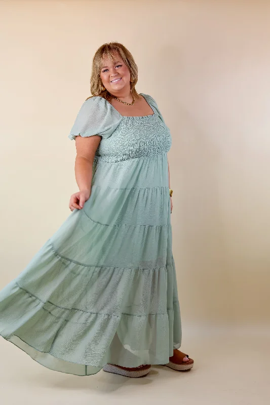 Honeysuckle Love Tiered Maxi Dress with Smocked Bodice in Sage Green