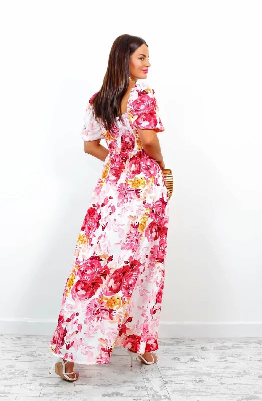 In Paradise - Pink Watercolour Floral Maxi Dress