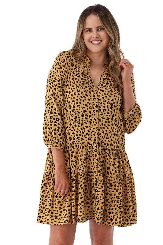 Iris Maxi 3/4 Sleeve Babydoll Dress Leopard