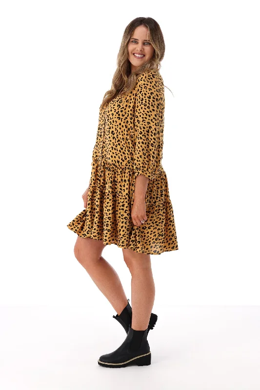 Iris Maxi 3/4 Sleeve Babydoll Dress Leopard