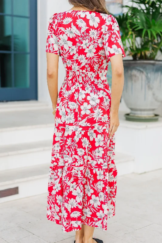 It's In The Air Red Floral Tiered Midi Dress