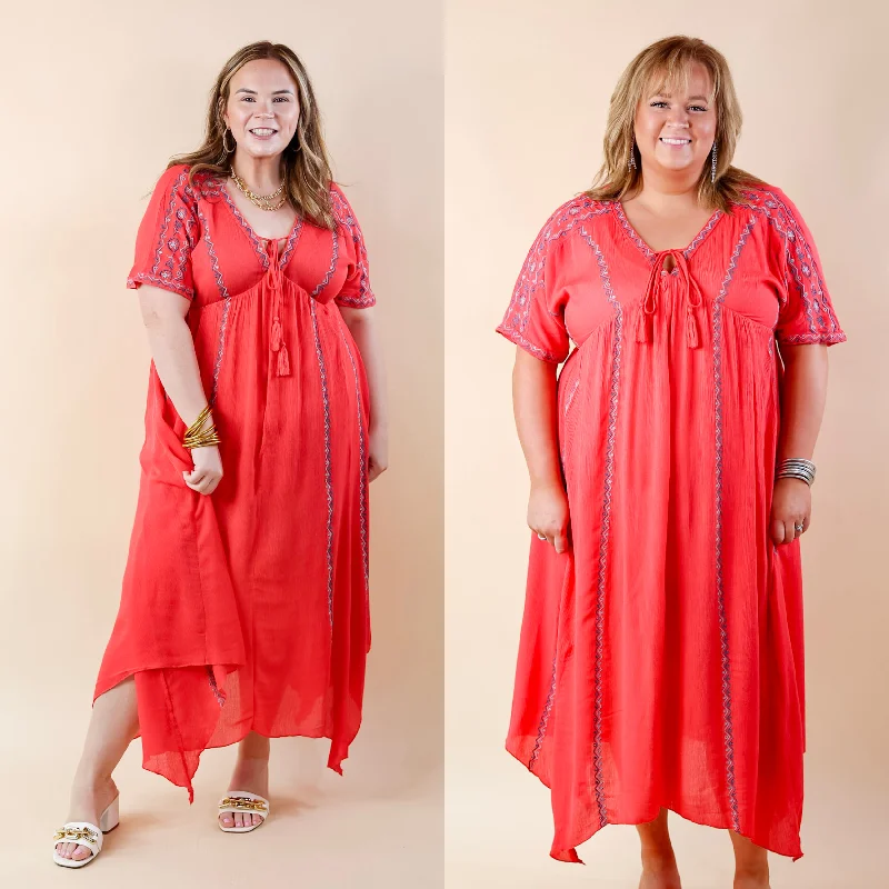 Just For You Embroidered Maxi Dress with Tassel Tie Neck in Coral