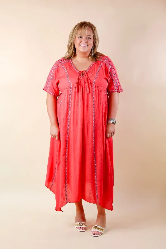 Just For You Embroidered Maxi Dress with Tassel Tie Neck in Coral