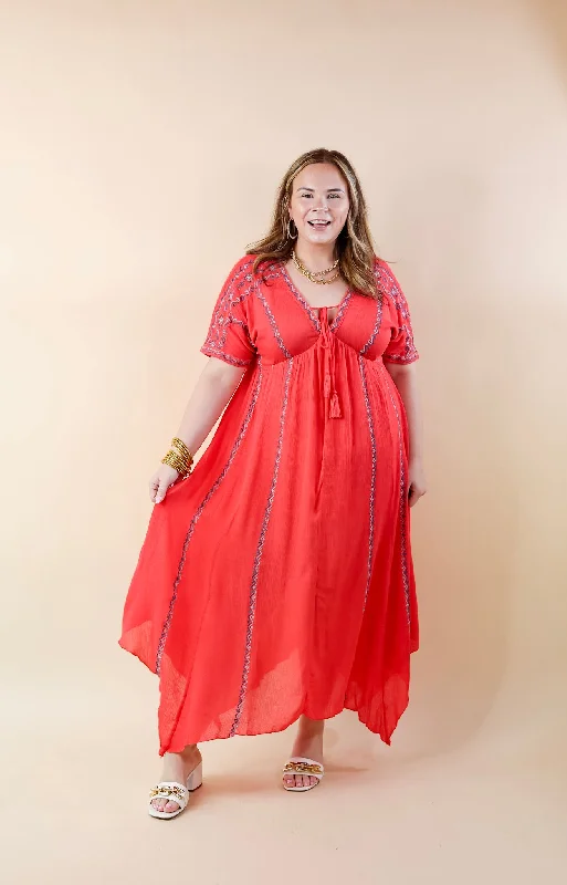 Just For You Embroidered Maxi Dress with Tassel Tie Neck in Coral